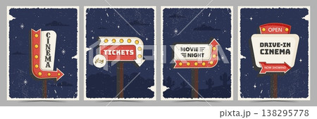 Retro roadside vertical posters set cinema sign with bold vintage typography and arrow. Vector illustration in mid century 50s style for print, wall decor, covers, design projects 138295778