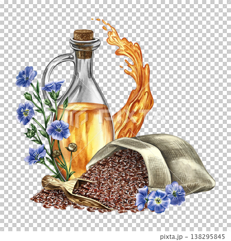 Flaxseed oil. Hand-drawn watercolor illustration. Flaxseed in burlap, wooden scoop, blue flax flowers, glass bottle of oil, and a splash of oil. For label design, packaging, banners, posters, and more 138295845