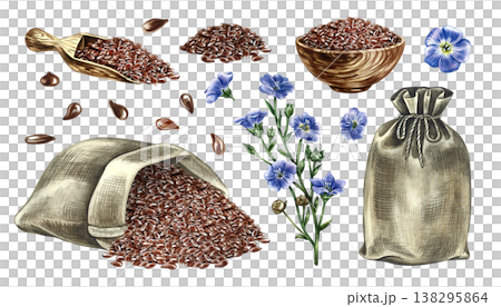 Set of flaxseed oil. Hand-drawn watercolor illustration. Flax seeds, flowers, oil bottle, jute bags, oil splash. Design elements for labels and packaging, banners, posters, and more. 138295864