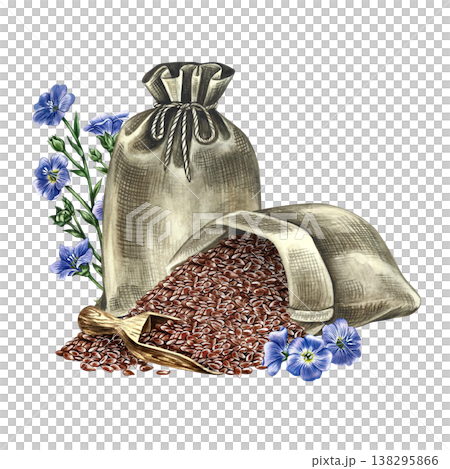 Flaxseed in a burlap bags and wooden scoop and blue flax flowers. Hand-drawn watercolor illustration. Element of design for labels and packaging, as well as banners, posters, and more. Flaxseed in a burlap bags and wooden scoop and blue flax flowers. Hand-drawn watercolor illustration. Element of design for labels and packaging, as well as banners, posters, and more. 138295866