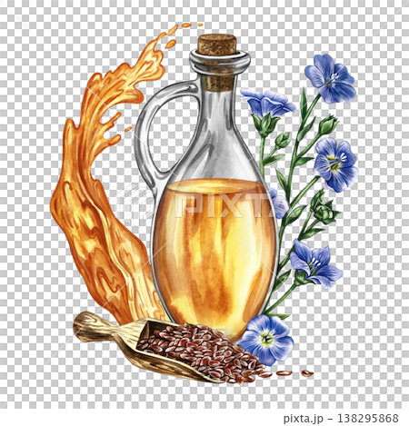 Flaxseed oil. Hand-drawn watercolor illustration. Glass bottle with oil, oil splashes, flax seeds in a wooden scoop, and flax flowers. Element of label and packaging design, banners, posters, and more 138295868