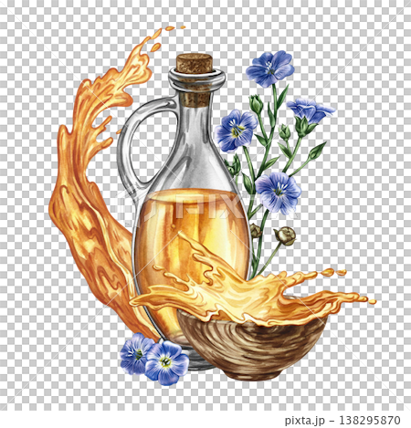 Flaxseed oil. Hand-drawn watercolor illustration. Glass bottle of oil, splash of oil in a wooden cup, and flax flowers. Element of label and packaging design, banners, posters, and more. 138295870