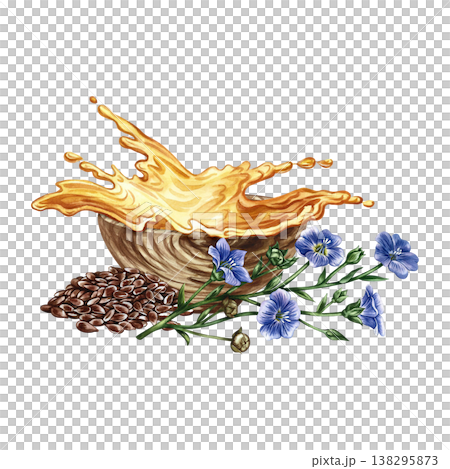 Flaxseed oil. Hand-drawn watercolor illustration. A handful of flaxseed, flax flowers, and a splash of oil in a cup. An element of label and packaging design, banners, posters, and more. Flaxseed oil. Hand-drawn watercolor illustration. A handful of flaxseed, flax flowers, and a splash of oil in a cup. An element of label and packaging design, banners, posters, and more. 138295873