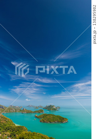 Panoramic aerial view of Mu Ko Ang Thong Marine Park islands in Thailand with turquoise sea, tropical limestone islands and dramatic blue sky, scenic landscape near Ao Nang 138295982