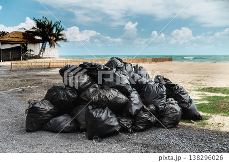 Pile of garbage bags collected after beach cleanup near Lamai beach Koh Samui Thailand Pile of garbage bags collected after beach cleanup near Lamai beach Koh Samui Thailand 138296026