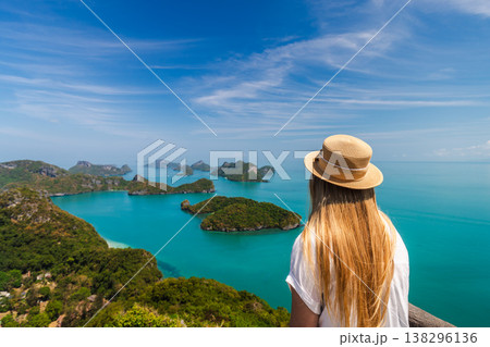 Young woman looking at tropical islands in Ang Thong National Marine Park, Thailand 138296136