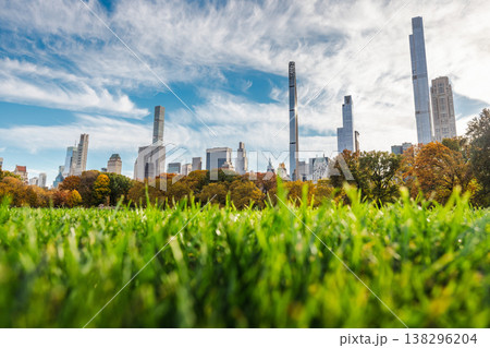 Low angle view of green grass in Central Park with Manhattan skyline and autumn trees in New York City USA Low angle view of green grass in Central Park with Manhattan skyline and autumn trees in New York City USA 138296204