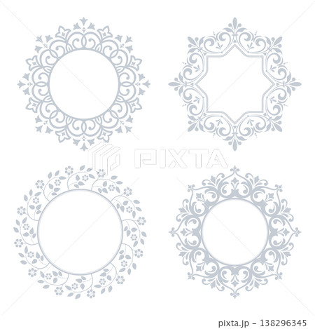 Set of decorative frames Elegant vector element for design in Eastern style, place for text. Floral gray and white frames. Lace illustration for invitations and greeting cards Set of decorative frames Elegant vector element for design in Eastern style, place for text. Floral gray and white frames. Lace illustration for invitations and greeting cards 138296345