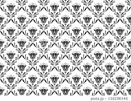 Floral pattern. Seamless vector background. Vintage wallpaper in the Baroque style. White and black ornament for fabric, wallpaper, packaging. Ornate Damask flower illustration. Floral pattern. Seamless vector background. Vintage wallpaper in the Baroque style. White and black ornament for fabric, wallpaper, packaging. Ornate Damask flower illustration. 138296348
