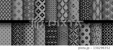 Geometric floral set of seamless patterns. Gray and black vector backgrounds. Damask graphic ornaments Geometric floral set of seamless patterns. Gray and black vector backgrounds. Damask graphic ornaments 138296352