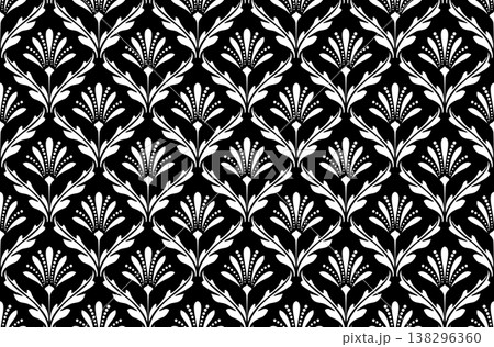 Wallpaper in the style of Baroque. White and black floral ornament. Seamless vector background. Graphic pattern for fabric, wallpaper, packaging. Ornate Damask flower illustration. Wallpaper in the style of Baroque. White and black floral ornament. Seamless vector background. Graphic pattern for fabric, wallpaper, packaging. Ornate Damask flower illustration. 138296360