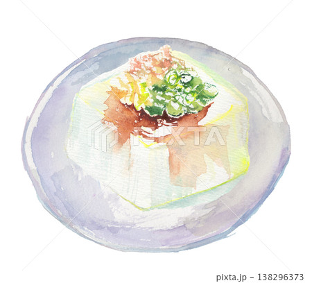 水彩で描いた冷奴のイラスト・薬味をのせた豆腐料理 138296373