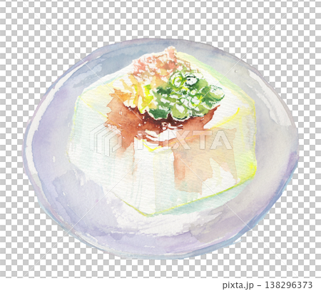 水彩で描いた冷奴のイラスト・薬味をのせた豆腐料理 138296373