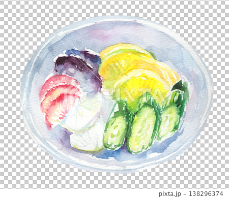 水彩タッチの漬物盛り合わせ・きゅうり沢庵茄子赤かぶのお皿 138296374