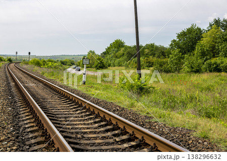 A fragment of a railroad track with rails 138296632