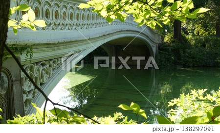 New York City Central Park Bow Bridge and lake. Pond water, bridge and Manhattan landmark in NYC USA 138297091