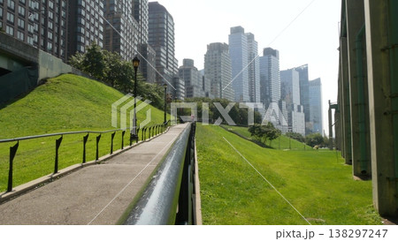 New York City Riverside Park, Manhattan, USA. Modern residential buildings. Urban skyscraper skyline 138297247