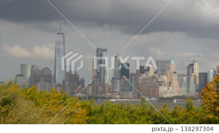 New York City Manhattan Downtown skyline, Liberty Island USA. Financial District, World Trade Center New York City Manhattan Downtown skyline, Liberty Island USA. Financial District, World Trade Center 138297304