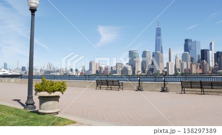 New York City Manhattan Downtown Financial District, World Trade Center tower from New Jersey USA. New York City Manhattan Downtown Financial District, World Trade Center tower from New Jersey USA. 138297389