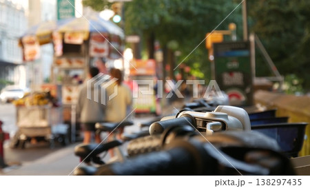 Manhattan Midtown street New York City, USA. Rental bicycle, Central Park West. Bike rent. People. 138297435