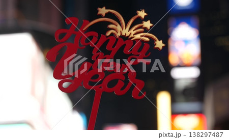 Happy New Year text sign on Times Square in New York, USA. Christmas holidays on Manhattan. Broadway 138297487