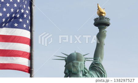 Statue of Liberty on Liberty Island, New York, USA. Flag and monument, patriotic symbol of democracy 138297527