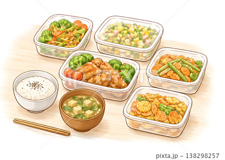 作り置き料理が並ぶテーブル・人物なし（シンプル手描きイラスト） 138298257