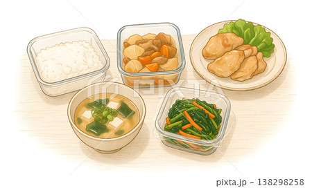 作り置き料理が並ぶテーブル・人物なし（シンプル手描きイラスト） 138298258