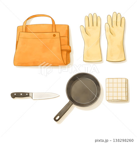 家事代行の道具セット・エプロンと調理器具（シンプル手描きイラスト） 138298260