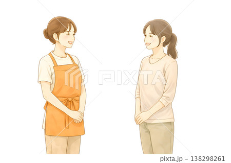 家事代行スタッフと依頼主が笑顔で話すシーン（シンプル手描きイラスト） 138298261