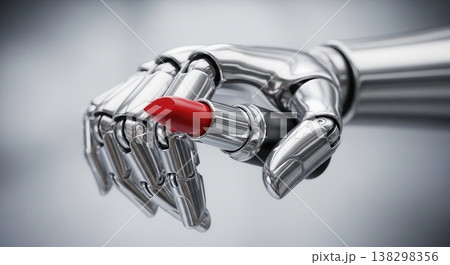 A sleek, chrome robotic hand holding a bright red lipstick, symbolizing the intersection of artificial intelligence and beauty. A sleek, chrome robotic hand holding a bright red lipstick, symbolizing the intersection of artificial intelligence and beauty. 138298356