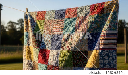 A colorful, multi-patterned patchwork quilt hanging on a clothesline outdoors during a sunny golden hour in a rural field. A colorful, multi-patterned patchwork quilt hanging on a clothesline outdoors during a sunny golden hour in a rural field. 138298364