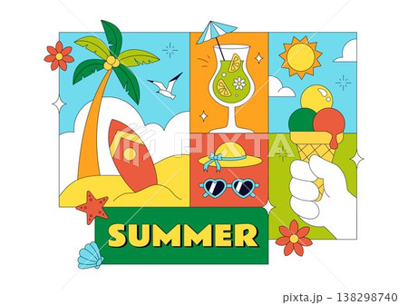 Summer Vacation Vector Illustration Featuring Beach Activities, Tropical Elements, Sunshine Holiday Scene, Ocean Leisure, and Seasonal Travel Design Summer Vacation Vector Illustration Featuring Beach Activities, Tropical Elements, Sunshine Holiday Scene, Ocean Leisure, and Seasonal Travel Design 138298740