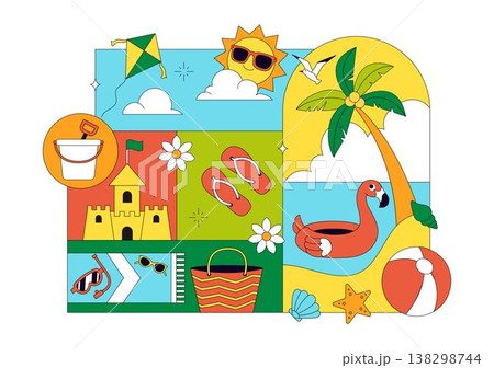 Summer Vacation Vector Illustration Featuring Beach Activities, Tropical Elements, Sunshine Holiday Scene, Ocean Leisure, and Seasonal Travel Design 138298744