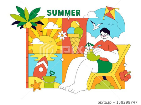 Summer Vacation Vector Illustration Featuring Beach Activities, Tropical Elements, Sunshine Holiday Scene, Ocean Leisure, and Seasonal Travel Design Summer Vacation Vector Illustration Featuring Beach Activities, Tropical Elements, Sunshine Holiday Scene, Ocean Leisure, and Seasonal Travel Design 138298747