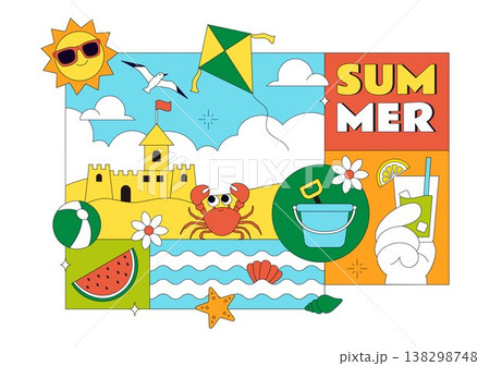 Summer Vacation Vector Illustration Featuring Beach Activities, Tropical Elements, Sunshine Holiday Scene, Ocean Leisure, and Seasonal Travel Design Summer Vacation Vector Illustration Featuring Beach Activities, Tropical Elements, Sunshine Holiday Scene, Ocean Leisure, and Seasonal Travel Design 138298748