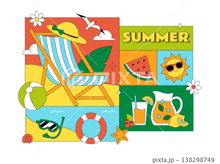 Summer Vacation Vector Illustration Featuring Beach Activities, Tropical Elements, Sunshine Holiday Scene, Ocean Leisure, and Seasonal Travel Design Summer Vacation Vector Illustration Featuring Beach Activities, Tropical Elements, Sunshine Holiday Scene, Ocean Leisure, and Seasonal Travel Design 138298749