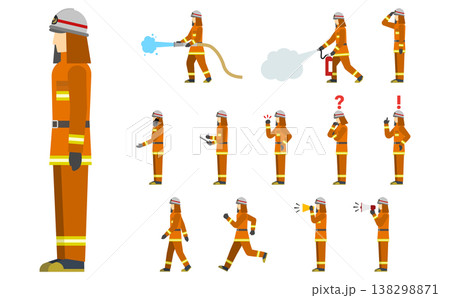 フラットイラスト：オレンジの消防服の消防士セット(サイド) 138298871
