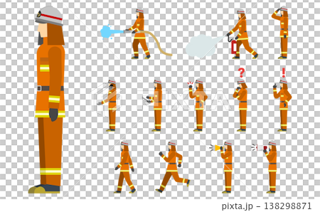 フラットイラスト：オレンジの消防服の消防士セット(サイド) 138298871