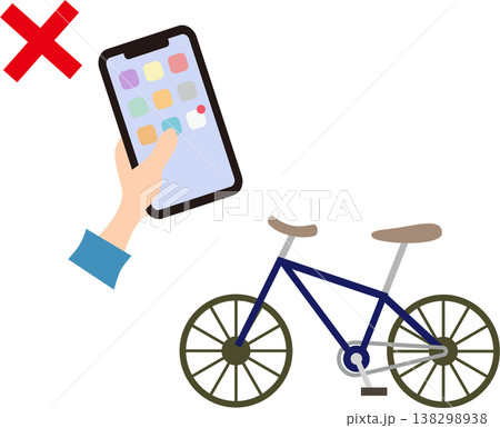 自転車のながらスマホ禁止（スマートフォン操作を注意喚起するシンプルなイラスト） 138298938