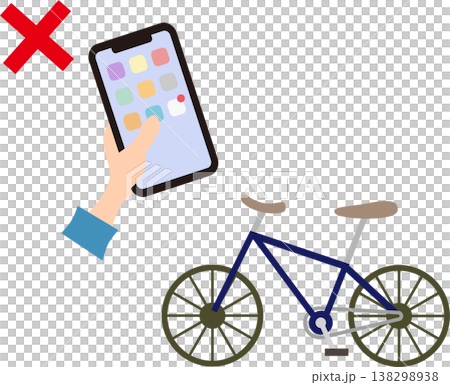 自転車のながらスマホ禁止（スマートフォン操作を注意喚起するシンプルなイラスト） 138298938