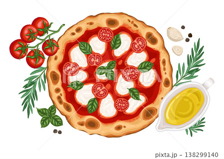 Italian pizza napolitana top view vector food illustration. Hand drawn composition with tomato cherry and olive oil. Red organic ingredient for restaurant menu design. Perfect for pizzeria packaging. Italian pizza napolitana top view vector food illustration. Hand drawn composition with tomato cherry and olive oil. Red organic ingredient for restaurant menu design. Perfect for pizzeria packaging. 138299140