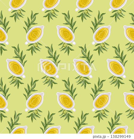 Olive oil in gravy boat vector seamless pattern. Hand drawn leaves and branch on green background. Organic greek food for restaurant menu design. Natural italian kitchen textile fabric or wallpaper. Olive oil in gravy boat vector seamless pattern. Hand drawn leaves and branch on green background. Organic greek food for restaurant menu design. Natural italian kitchen textile fabric or wallpaper. 138299149