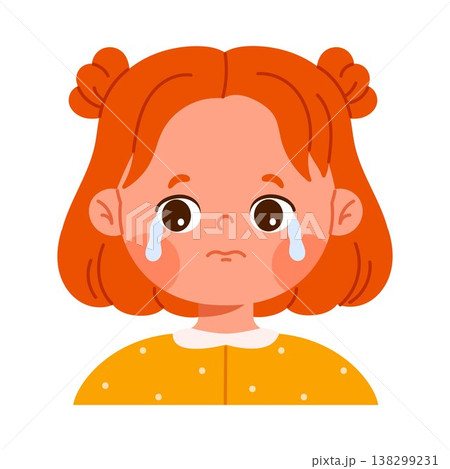 Cute crying redhead girl character with tears. Sad facial expression concept. Kid apps and emotion education concept. Isolated vector illustration in cartoon style Cute crying redhead girl character with tears. Sad facial expression concept. Kid apps and emotion education concept. Isolated vector illustration in cartoon style 138299231