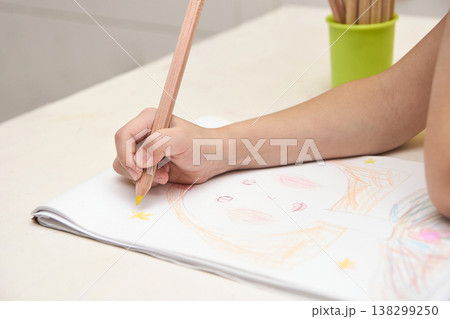 Child drawing with pencils on sketchpad, hand close up Child drawing with pencils on sketchpad, hand close up 138299250