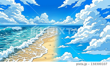 青空と波が輝く夏の海辺風景 青空と波が輝く夏の海辺風景 138300107