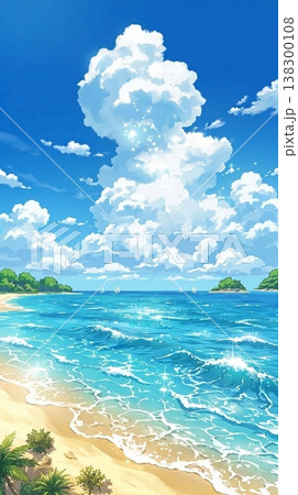 青空と波が輝く夏の海辺風景 青空と波が輝く夏の海辺風景 138300108