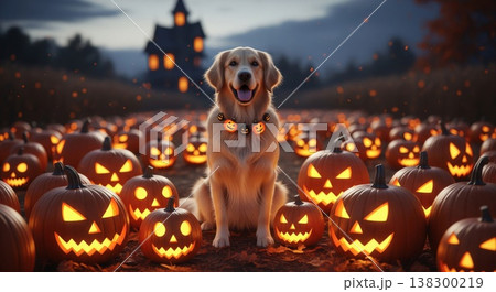 Golden Retriever Sits Among Glowing Carved Pumpkins with Spooky House in Background during 138300219