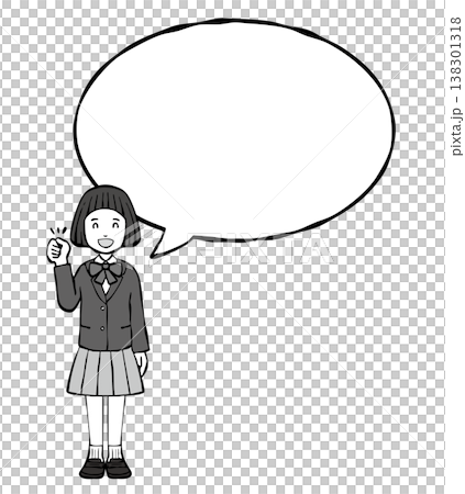 【モノクロ】女の子笑顔　ガッツポーズ　制服　フキダシ 138301318