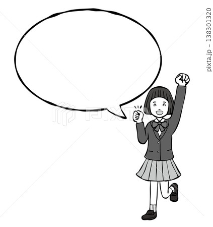 【モノクロ】女の子笑顔　ガッツポーズ　制服　フキダシ 138301320